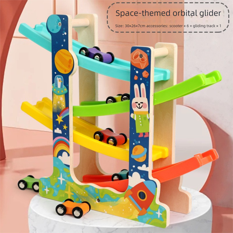 Wooden Multi-Level Car Ramp Racer - Fun & Educational Glider Track Toy for Toddlers 3+, Develops Motor Skills & Color Recognition 【Space-themed orbital glider】