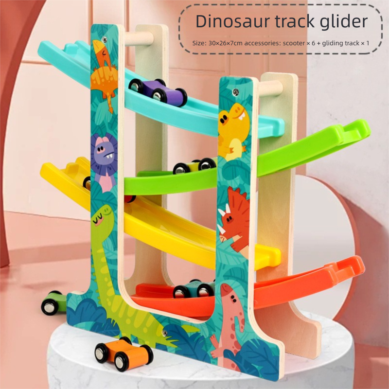 Wooden Multi-Level Car Ramp Racer - Fun & Educational Glider Track Toy for Toddlers 3+, Develops Motor Skills & Color Recognition 【Dinosaur track glider】