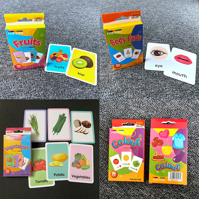 Four boxes of early education flash cards for toddlers.