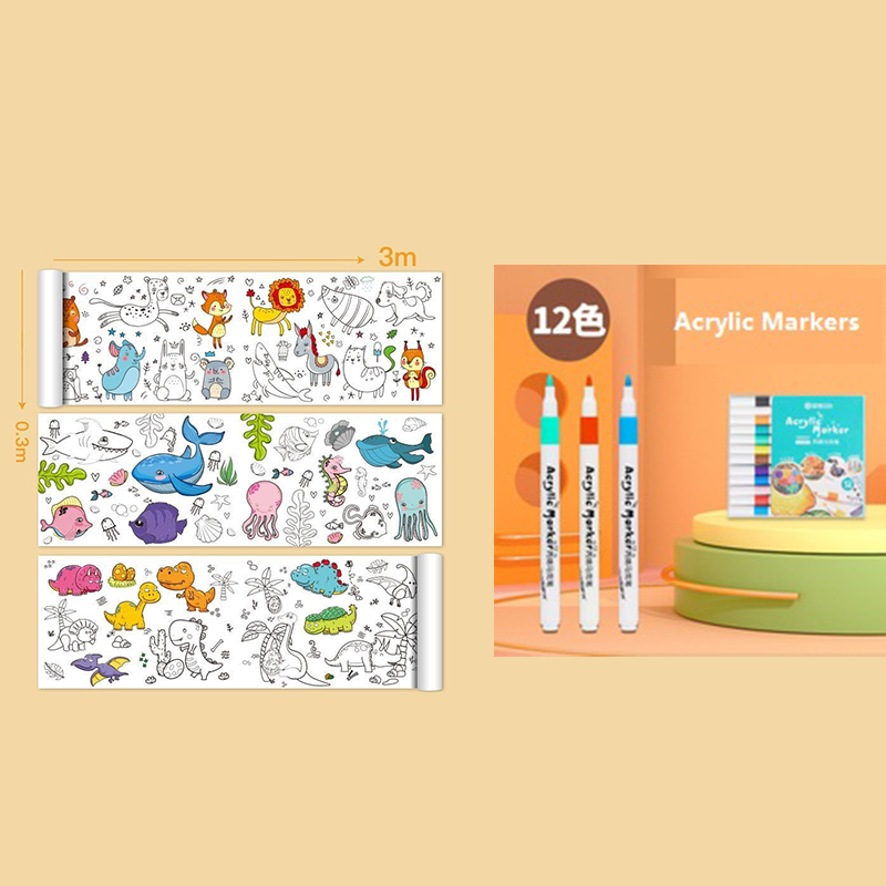 2 Piece- 3M Kids Coloring Scroll Drawing Paper and 12-Color Marker Set, Giant Doodle Art Mural for Wall, Jumbo Coloring Poster Roll,  Creative Art Activity for Ages 3+