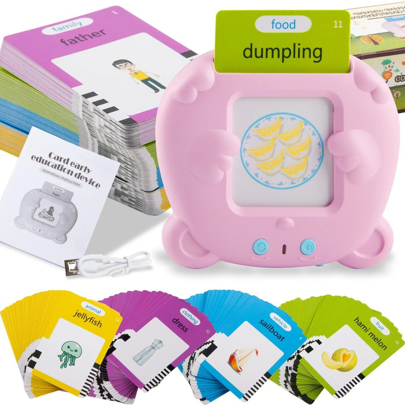 Pink Bear Talking  Cards Educational Toy for Toddlers 112 Cards Audible Preschool Learning Machine Early Childhood Development Interactive Reading Cards with Rechargeable Battery ABS Material 