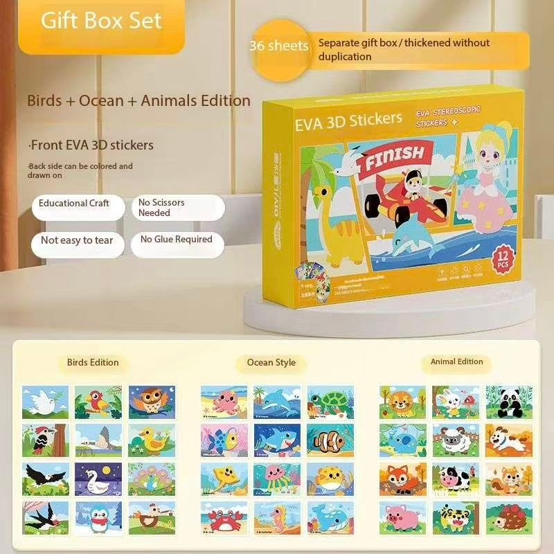3-pce Kids 3D EVA Foam Sticker Art Kit - Princess Theme DIY Craft Activity Set with 12 Designs, Self-Adhesive Pre-Cut Shapes, Creative Handmade Gift Box for Girls Ages 4+ Preschool Educational Toy【Animals+ Oceans+Birds】