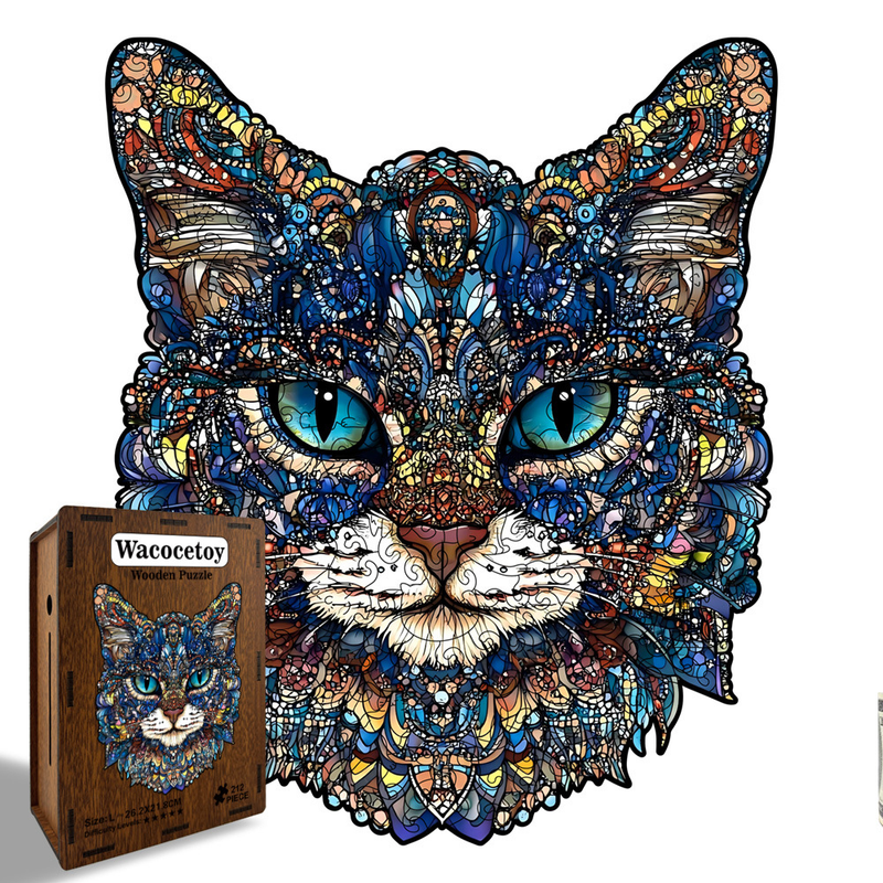 M Style Blue-Eyed Cat Wooden Jigsaw Puzzle -Irregular Animal Shaped Puzzle with DIY Piggy Bank Option, Laser Cut 3D Craft, Stress Relief Brain Game Gift for Adults 14+