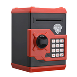 Black and Red Children's Electronic Password Piggy Bank — An ATM-style automatic money-rolling safe featuring a digital keypad lock, 4-digit password security, and a coin slot. Powered by three AA batteries (not included), this educational and development