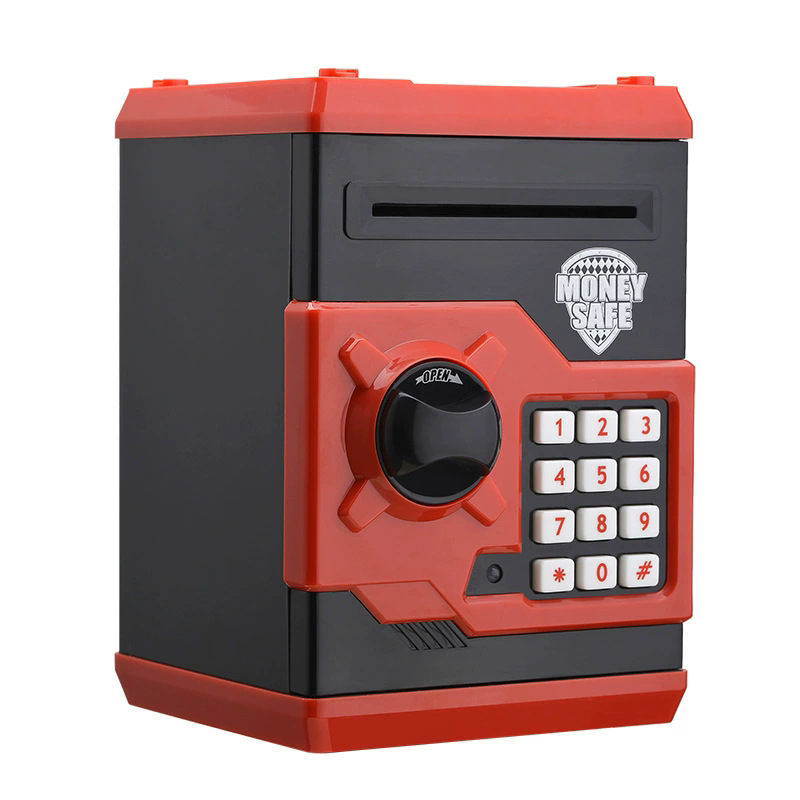 Black and Red Children's Electronic Password Piggy Bank — An ATM-style automatic money-rolling safe featuring a digital keypad lock, 4-digit password security, and a coin slot. Powered by three AA batteries (not included), this educational and development