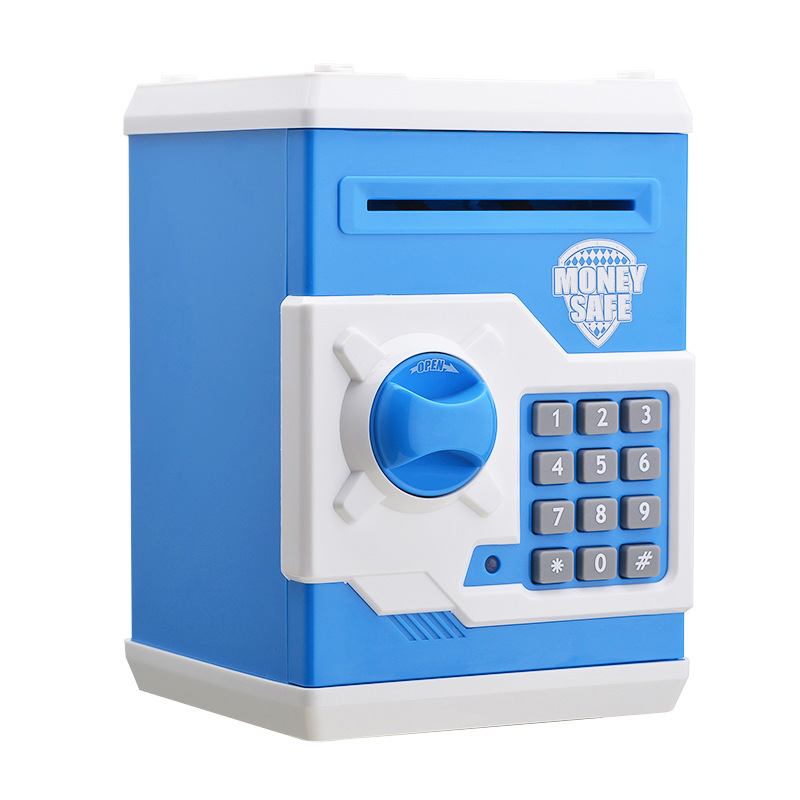 Blue and White Children's Electronic Password Piggy Bank — An ATM-style automatic money-rolling safe featuring a digital keypad lock, 4-digit password security, and a coin slot. Powered by three AA batteries (not included), this educational and developmen