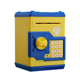 Yellow and Blue Children's Electronic Password Piggy Bank — An ATM-style automatic money-rolling safe featuring a digital keypad lock, 4-digit password security, and a coin slot. Powered by three AA batteries (not included), this educational and developme