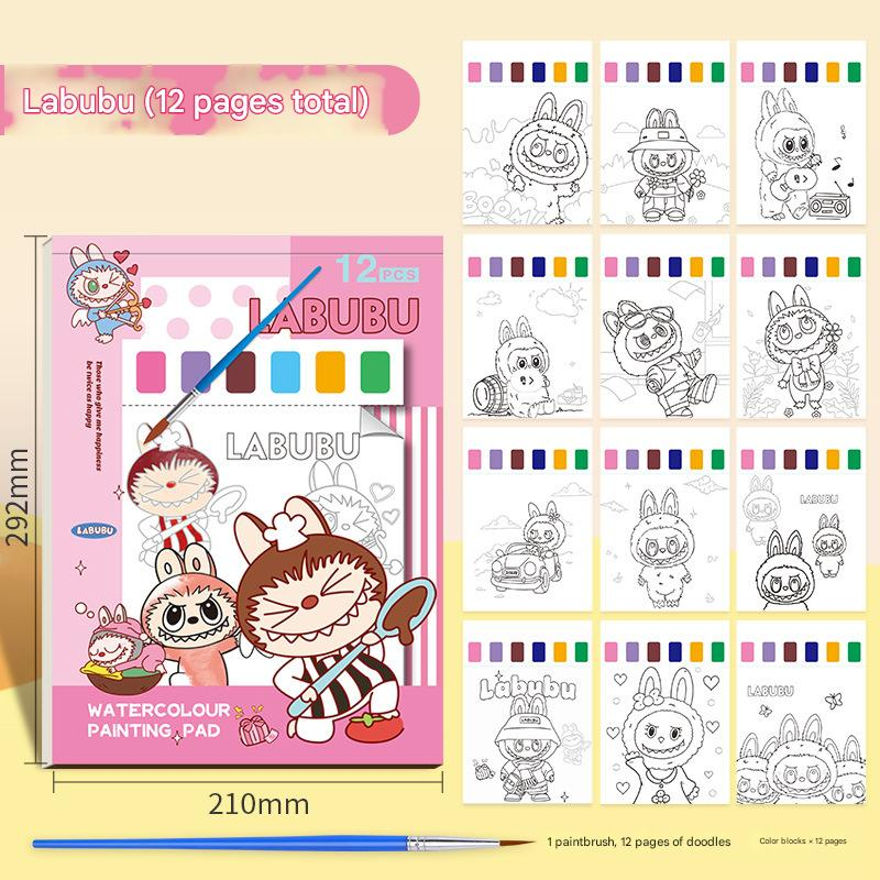 Kids Watercolor Coloring Book Set - Portable Paint with Water Art Book for Children, 12 Pages Tear-Off Drawing Pad with Built-in Palette and Brush, Mess-Free Painting Activity for Ages 5+【Labubu Style】