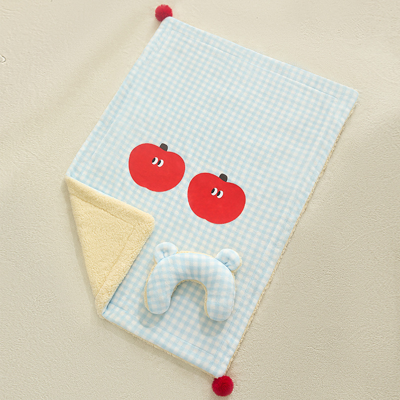 S size 2-Piece Plaid Apple Pet Blanket and Pillow Set - Soft Cotton Plush Sleeping Mat for Dogs and Cats, All-Season Reversible Cushion Bed with Cute Bear Pillow, Machine Washable Pet Bed Accessories