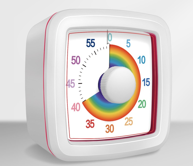 White Visual timer for children and the kitchen – a 60-minute rainbow countdown timer, silent operation, suitable for cooking, studying, and everyday tasks. Battery powered (batteries not included), made of ABS plastic
