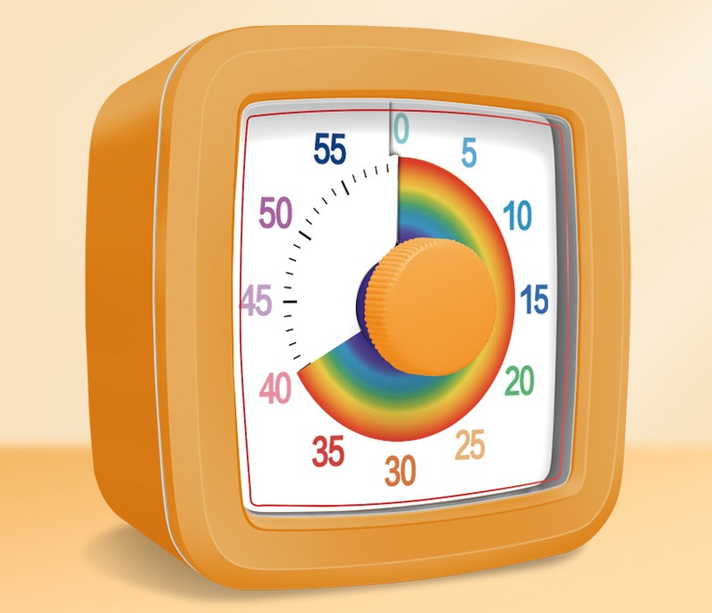 Orange Visual timer for children and the kitchen – a 60-minute rainbow countdown timer, silent operation, suitable for cooking, studying, and everyday tasks. Battery powered (batteries not included), made of ABS plastic