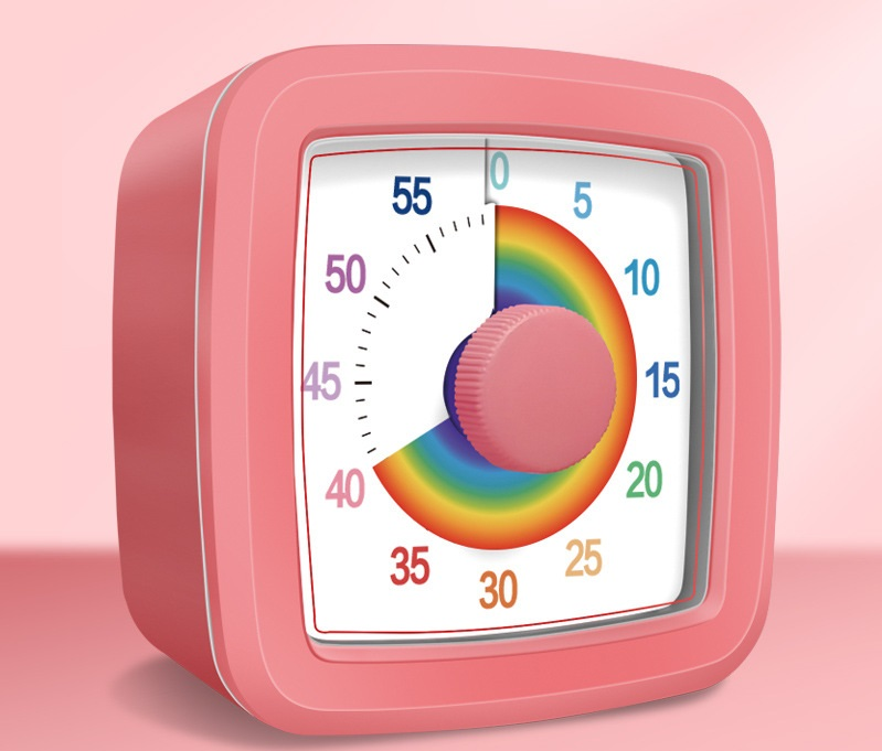 Pink Visual timer for children and the kitchen – a 60-minute rainbow countdown timer, silent operation, suitable for cooking, studying, and everyday tasks. Battery powered (batteries not included), made of ABS plastic