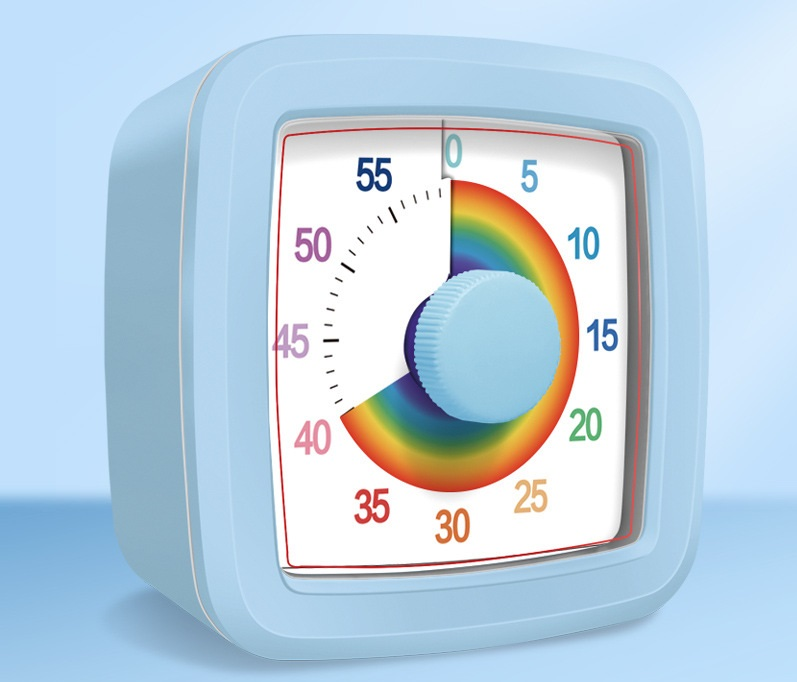 Blue Visual timer for children and the kitchen – a 60-minute rainbow countdown timer, silent operation, suitable for cooking, studying, and everyday tasks. Battery powered (batteries not included), made of ABS plastic