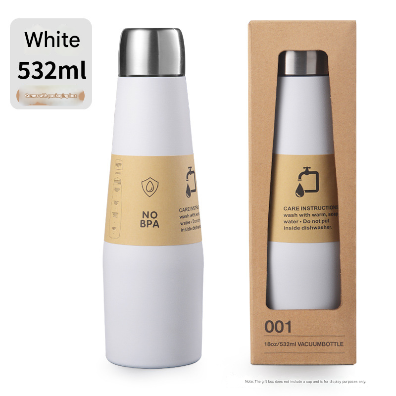 White Premium 304 Stainless Steel Vacuum Insulated Water Bottle - 532ml Large Capacity Sports Flask with 12-24 Hour Thermal Retention, Leak-Proof Portable Travel Mug for Gym, Office, Car and Outdoor Activities 