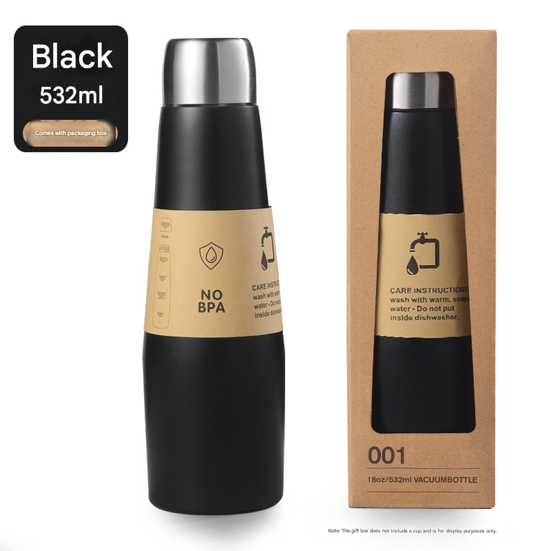Black Premium 304 Stainless Steel Vacuum Insulated Water Bottle - 532ml Large Capacity Sports Flask with 12-24 Hour Thermal Retention, Leak-Proof Portable Travel Mug for Gym, Office, Car and Outdoor Activities 