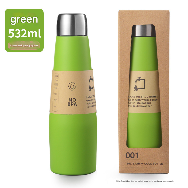 Green Premium 304 Stainless Steel Vacuum Insulated Water Bottle - 532ml Large Capacity Sports Flask with 12-24 Hour Thermal Retention, Leak-Proof Portable Travel Mug for Gym, Office, Car and Outdoor Activities 