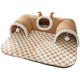 Brown XL size Cat Tunnel Bed House 4-Season Universal Removable Washable U-Shaped Cat Cave with Multi-Entrance, Plush Hideaway Pet Nest with Detachable Mat for Indoor Cats, Non-Slip Bottom, Multi-Cat Friendly
