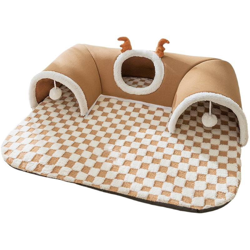Brown XL size Cat Tunnel Bed House 4-Season Universal Removable Washable U-Shaped Cat Cave with Multi-Entrance, Plush Hideaway Pet Nest with Detachable Mat for Indoor Cats, Non-Slip Bottom, Multi-Cat Friendly