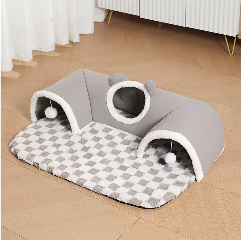 Grey XL size Cat Tunnel Bed House 4-Season Universal Removable Washable U-Shaped Cat Cave with Multi-Entrance, Plush Hideaway Pet Nest with Detachable Mat for Indoor Cats, Non-Slip Bottom, Multi-Cat Friendly