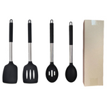 Black 4-Piece Silicone Spatula Set Slotted Turner Solid Turner Stainless Steel Handle Heat Resistant Non-Stick Cookware Kitchen Utensils