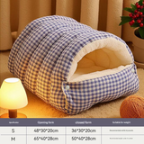 M size Blue Plaid Cat Cave Bed Winter Warm Enclosed Pet House Cozy Cat Sleeping Bag Semi-Enclosed Cat Nest Small Dog Bed PP Cotton Filling Washable Pet Supplies