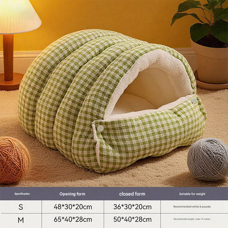 M size Green Plaid Cat Cave Bed Winter Warm Enclosed Pet House Cozy Cat Sleeping Bag Semi-Enclosed Cat Nest Small Dog Bed PP Cotton Filling Washable Pet Supplies