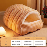 S size Orange Plaid Cat Cave Bed Winter Warm Enclosed Pet House Cozy Cat Sleeping Bag Semi-Enclosed Cat Nest Small Dog Bed PP Cotton Filling Washable Pet Supplies
