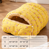 S size Yellow Plaid Cat Cave Bed Winter Warm Enclosed Pet House Cozy Cat Sleeping Bag Semi-Enclosed Cat Nest Small Dog Bed PP Cotton Filling Washable Pet Supplies