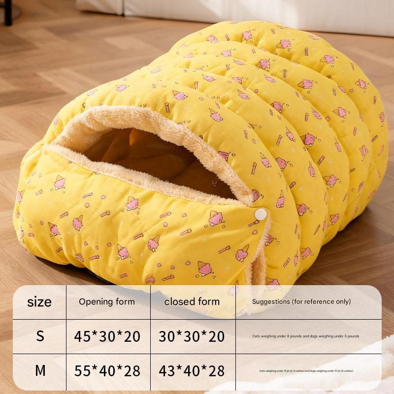 S size Yellow Plaid Cat Cave Bed Winter Warm Enclosed Pet House Cozy Cat Sleeping Bag Semi-Enclosed Cat Nest Small Dog Bed PP Cotton Filling Washable Pet Supplies
