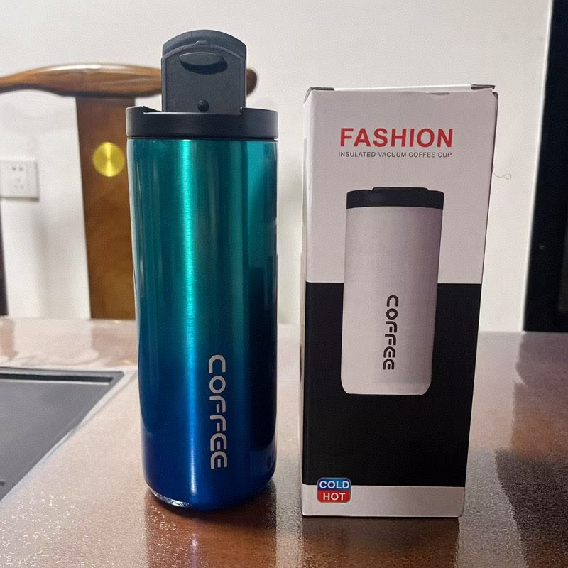  Gradient Blue Stainless Steel Coffee Mug 500ml Vacuum Insulated Travel Cup 8 Hours Heat Retention Leak-Proof Lid 304 Food-Grade Steel Portable Office Car Tumbler Reusable Gift Cup