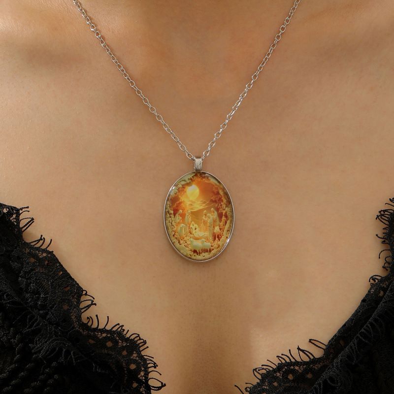 3D Nativity Scene Necklace-  Oval Pendant, Jesus Birth Christmas Easter Gift for Women Men, Zinc Alloy Chain Necklace