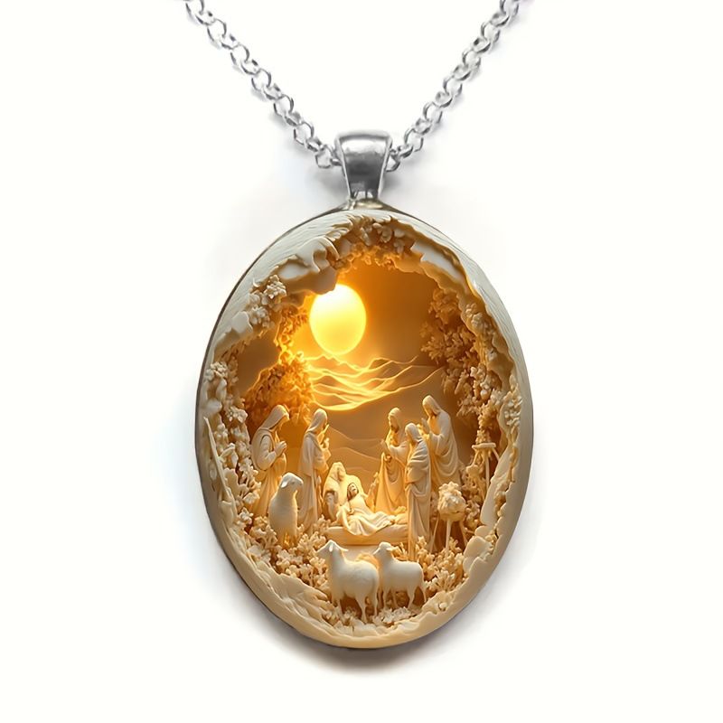 3D Nativity Scene Necklace-  Oval Pendant, Jesus Birth Christmas Easter Gift for Women Men, Zinc Alloy Chain Necklace 