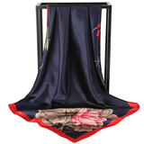 Blue Dragonfly and Lotus Flower Painting Elegant 90x90cm Satin Silk Scarf for Women - Double-Sided Printed Square Headscarf Shawl Wrap - Lightweight Versatile Fashion Accessory for Mother's Day Gift
