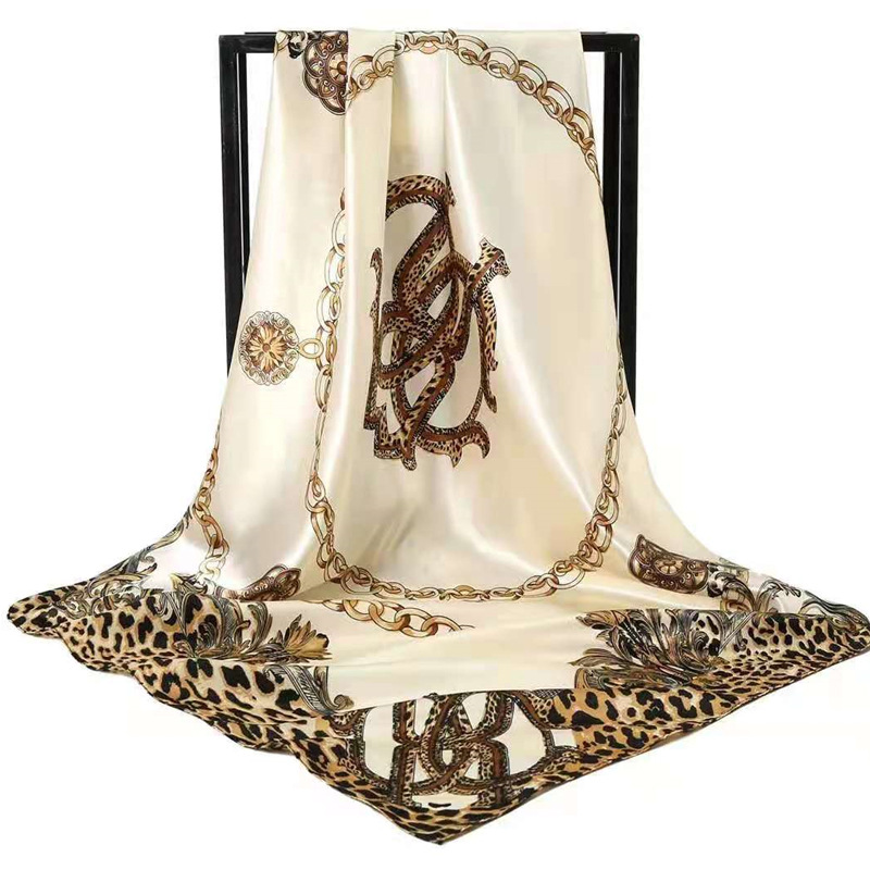 Off-white Leopard Print Chain Pattern Elegant 90x90cm Satin Silk Scarf for Women - Double-Sided Printed Square Headscarf Shawl Wrap - Lightweight Versatile Fashion Accessory for Mother's Day Gift
