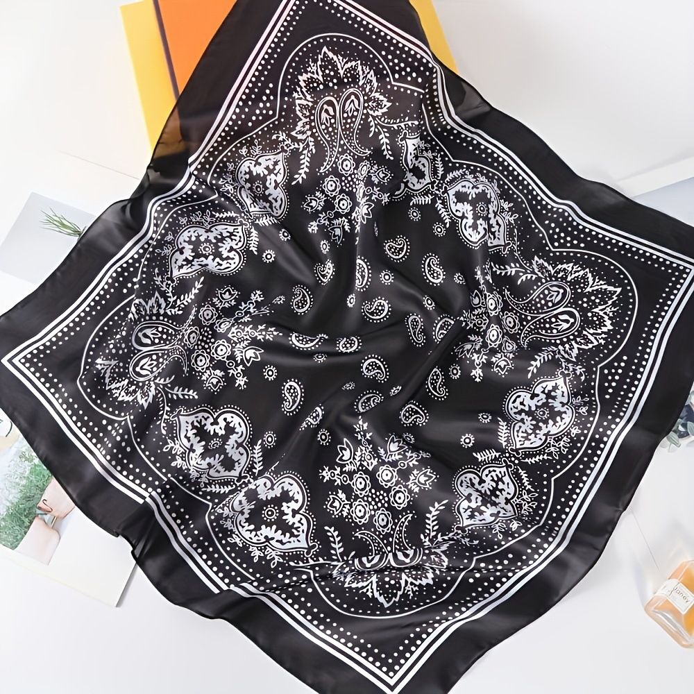 Black and white Women's 70cm Square Scarf - Bohemian Paisley & Vintage Print Collection - Lightweight Satin Feel, Versatile Neck Tie, Head Wrap, Bag Accent, Everyday Elegance, Gift Ready