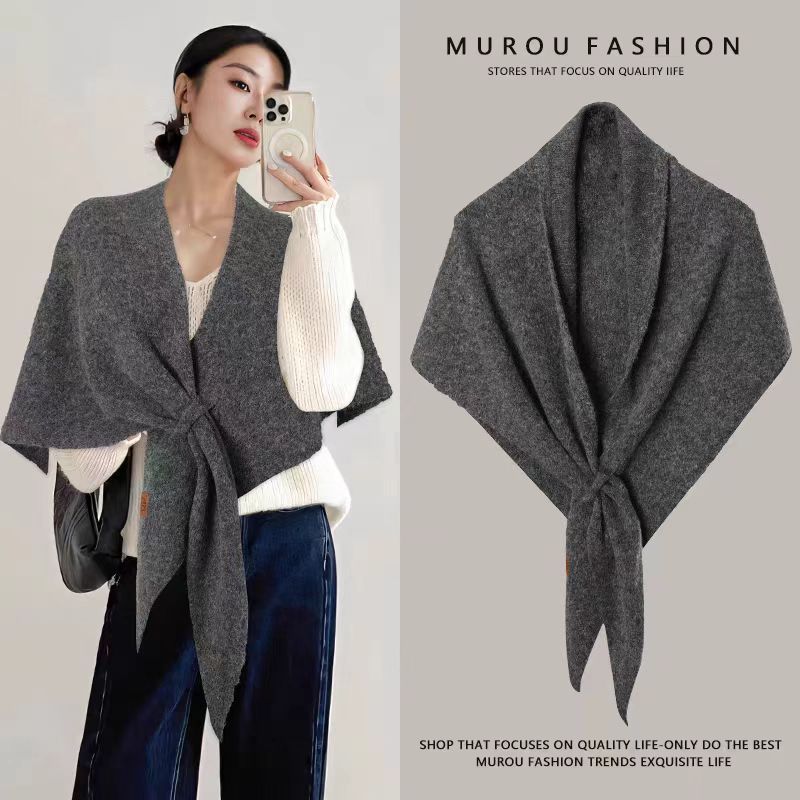 Dark gray Women's Wool Blend Triangle Shawl - 70x180cm Knitted Winter Wrap - Warm Thick Solid Colour Poncho Scarf, Versatile Neck and Shoulder Cover, Everyday Elegance, Gift Ready