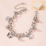 Silvery Butterfly Charm Layered Chain Bracelet - Gold and Silver Alloy Finish - Adjustable Double Strand Design, Lightweight Everyday Wear, Gift Ready，Gift Box Set