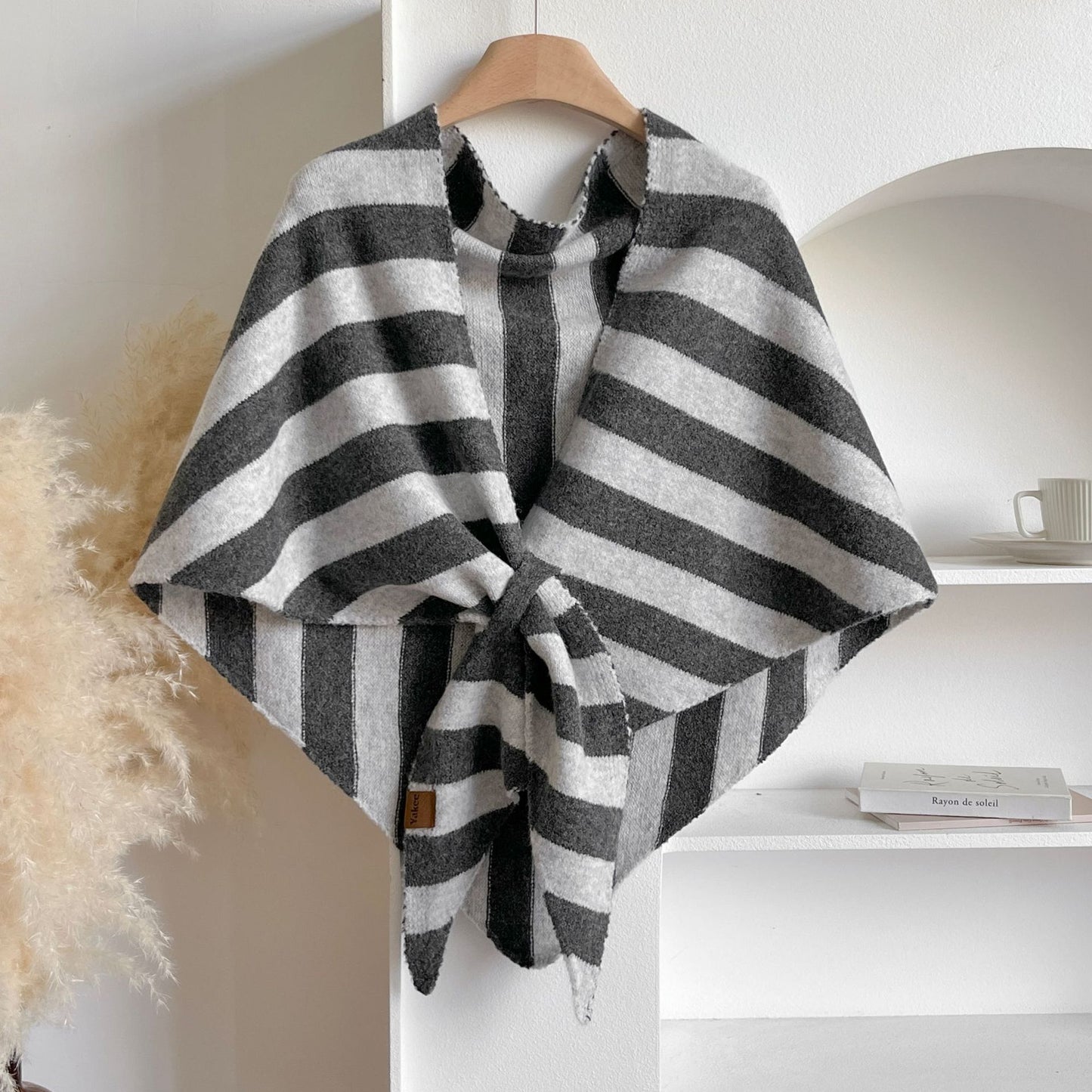 Grey Striped Women's  Triangle Shawl Cape - Soft Knit Faux Cashmere Poncho Wrap, Lightweight Warm Pullover for Office Travel & Daily Wear