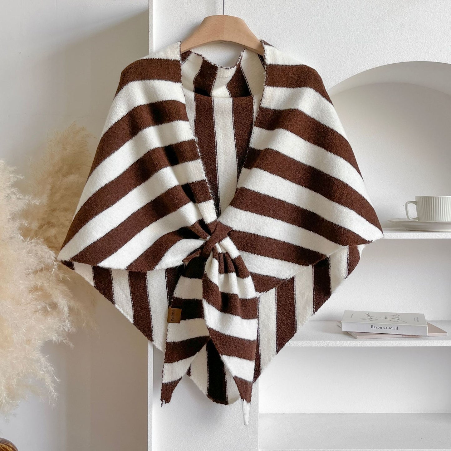 Brown Striped Women's  Triangle Shawl Cape - Soft Knit Faux Cashmere Poncho Wrap, Lightweight Warm Pullover for Office Travel & Daily Wear