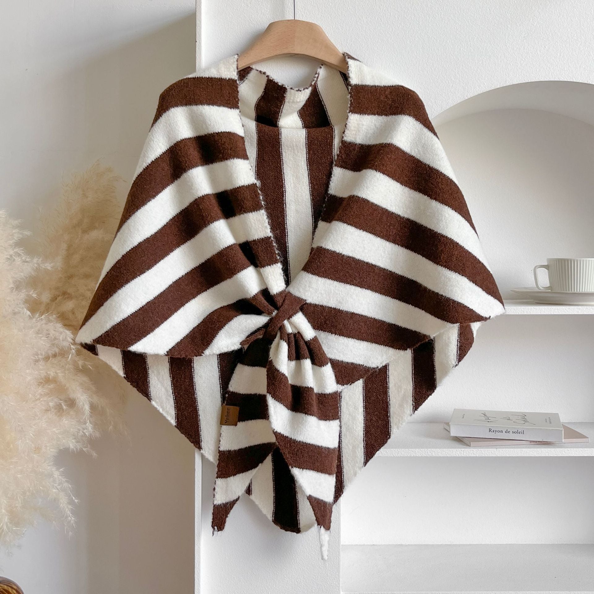 Brown Striped Women's  Triangle Shawl Cape - Soft Knit Faux Cashmere Poncho Wrap, Lightweight Warm Pullover for Office Travel & Daily Wear