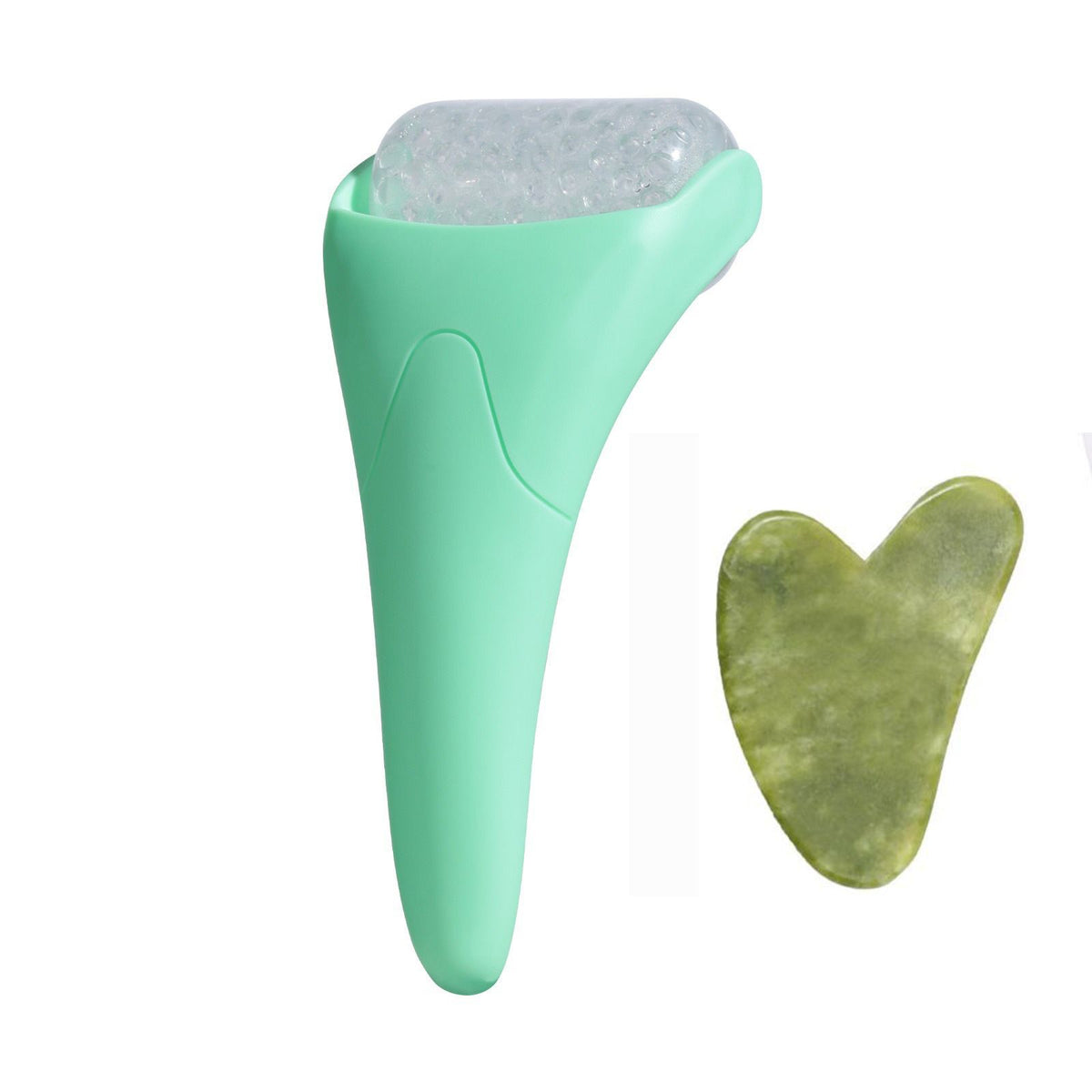 2-piece Green Face Ice Roller with Gel Cooling Head and Gua Sha Board- Reusable PP and Gel Cold Massage Tool for De-Puffing, Soothing, and Refreshing Skin, Easy to Freeze, Comfortable Grip, Daily Skincare Essential
