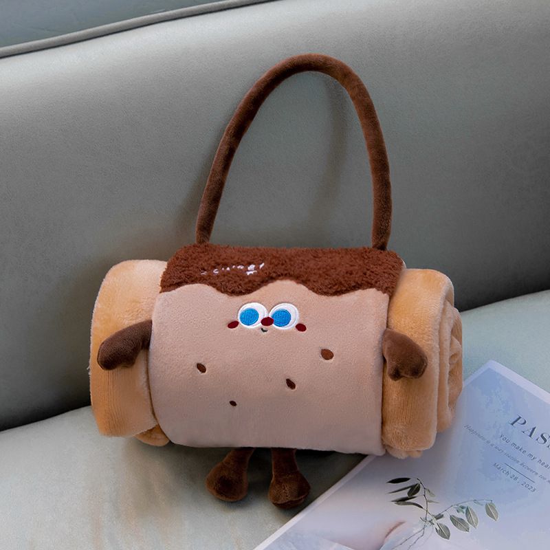 Brown 100*170cm Cartoon Hand-Carry Roll-Up Blanket - Plush Flannel Nap Blanket with Pillow Function, Portable Office & Travel Throw for Home, Car, and Sofa Use - Soft, Machine Washable, Multi-Scene Use
