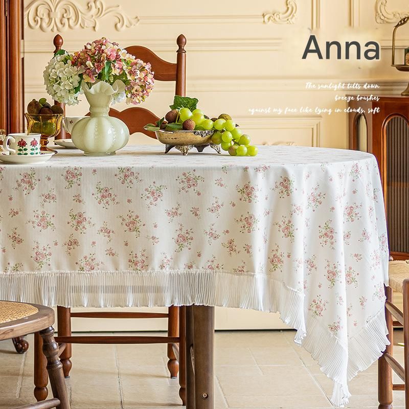 cream-colored 135*200 Dimensions include lace French Vintage Tablecloth - Pearl Yarn Polyester with Pleated Ruffle Edge - Floral Print Table Cover for Dining, Coffee Table, Bedside, Home Decor, Party, Gift Ready
