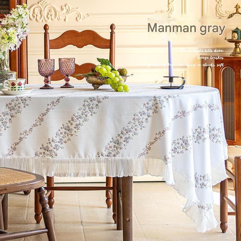 Grey 135*200 Dimensions include lace French Vintage Tablecloth - Pearl Yarn Polyester with Pleated Ruffle Edge - Floral Print Table Cover for Dining, Coffee Table, Bedside, Home Decor, Party, Gift Ready