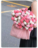 Pink and White Diameter: 80 cm -33 Woven Flowers Handmade Rose Bouquet Knit Blanket - Soft Pink Acrylic Throw with 3D Crochet Flowers - Perfect Gift for Her, Birthday, Valentine's Day, Home Decor