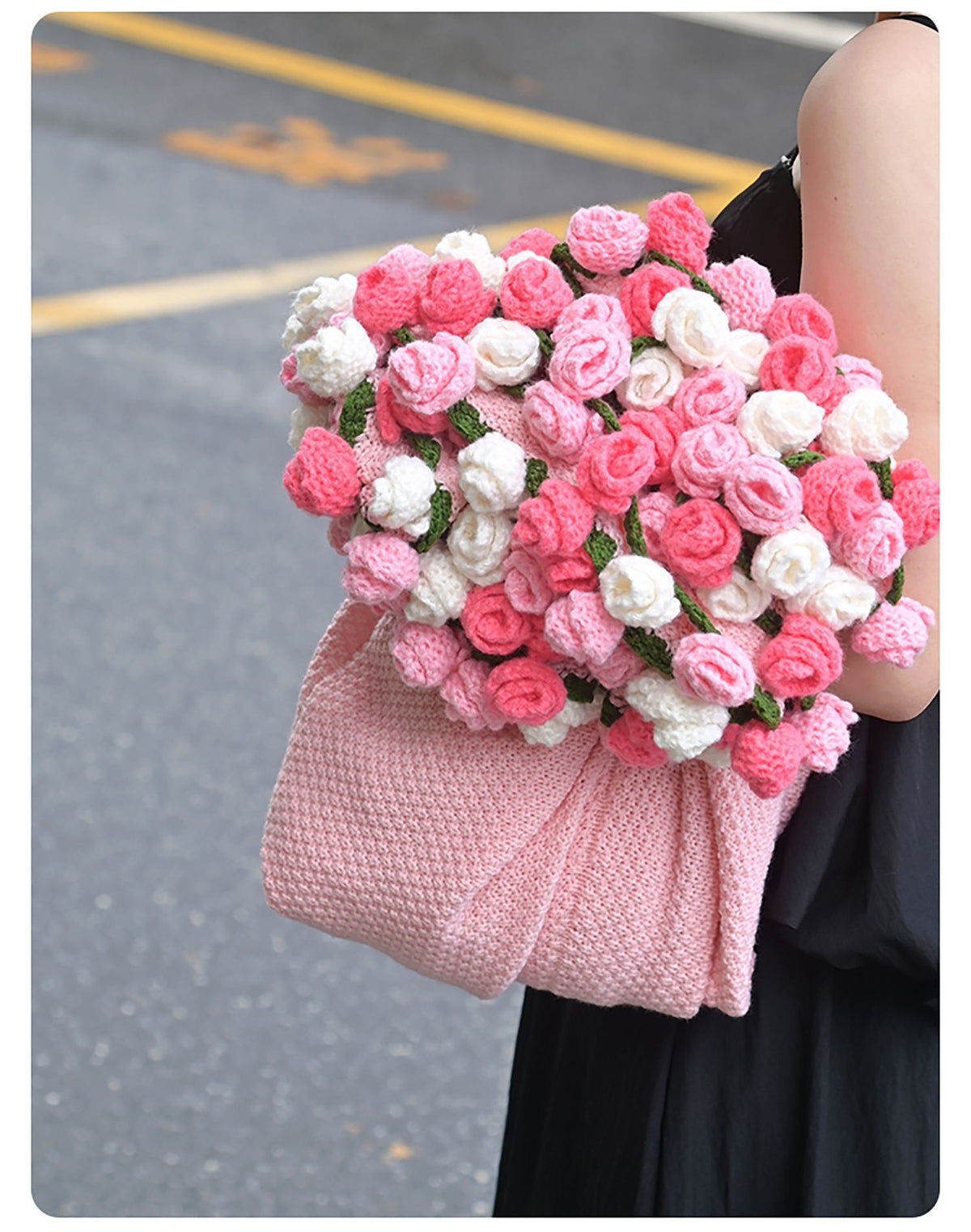 Pink and White Diameter: 120 cm -52 Woven Flowers Handmade Rose Bouquet Knit Blanket - Soft Pink Acrylic Throw with 3D Crochet Flowers - Perfect Gift for Her, Birthday, Valentine's Day, Home Decor