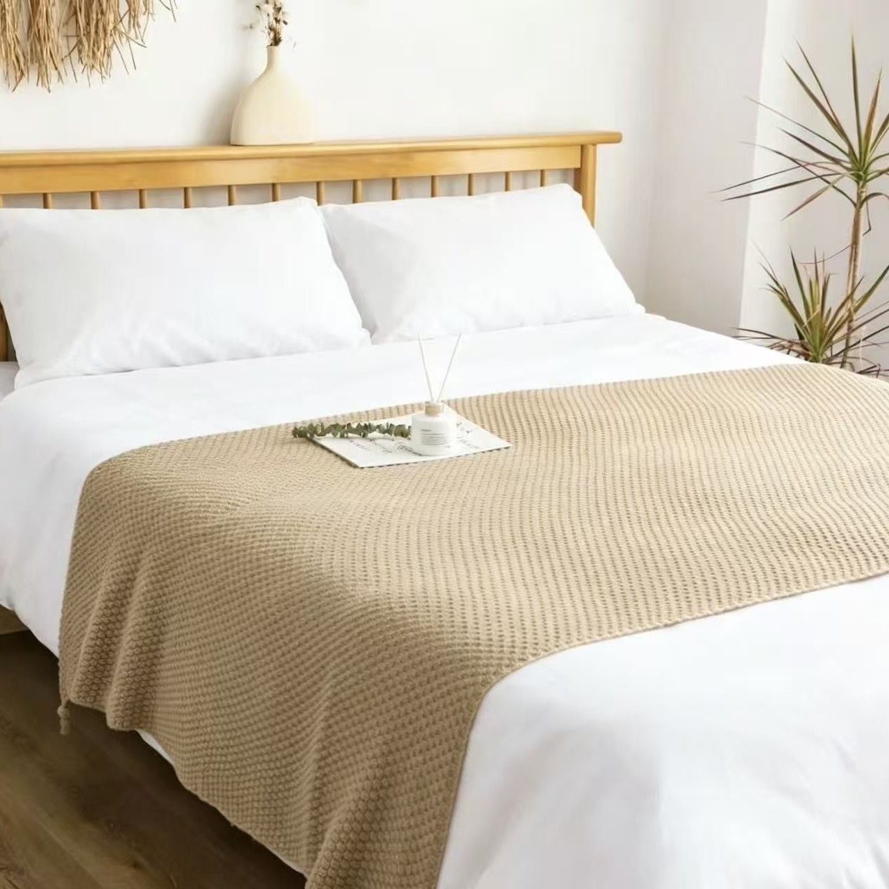 Khaki 110*150cm Nordic Style Tassel Knit Throw Blanket - Soft Polyester Sofa Blanket with Pineapple Texture - Breathable & Lightweight for Office, Couch, Travel - Boho Chic Home Decor