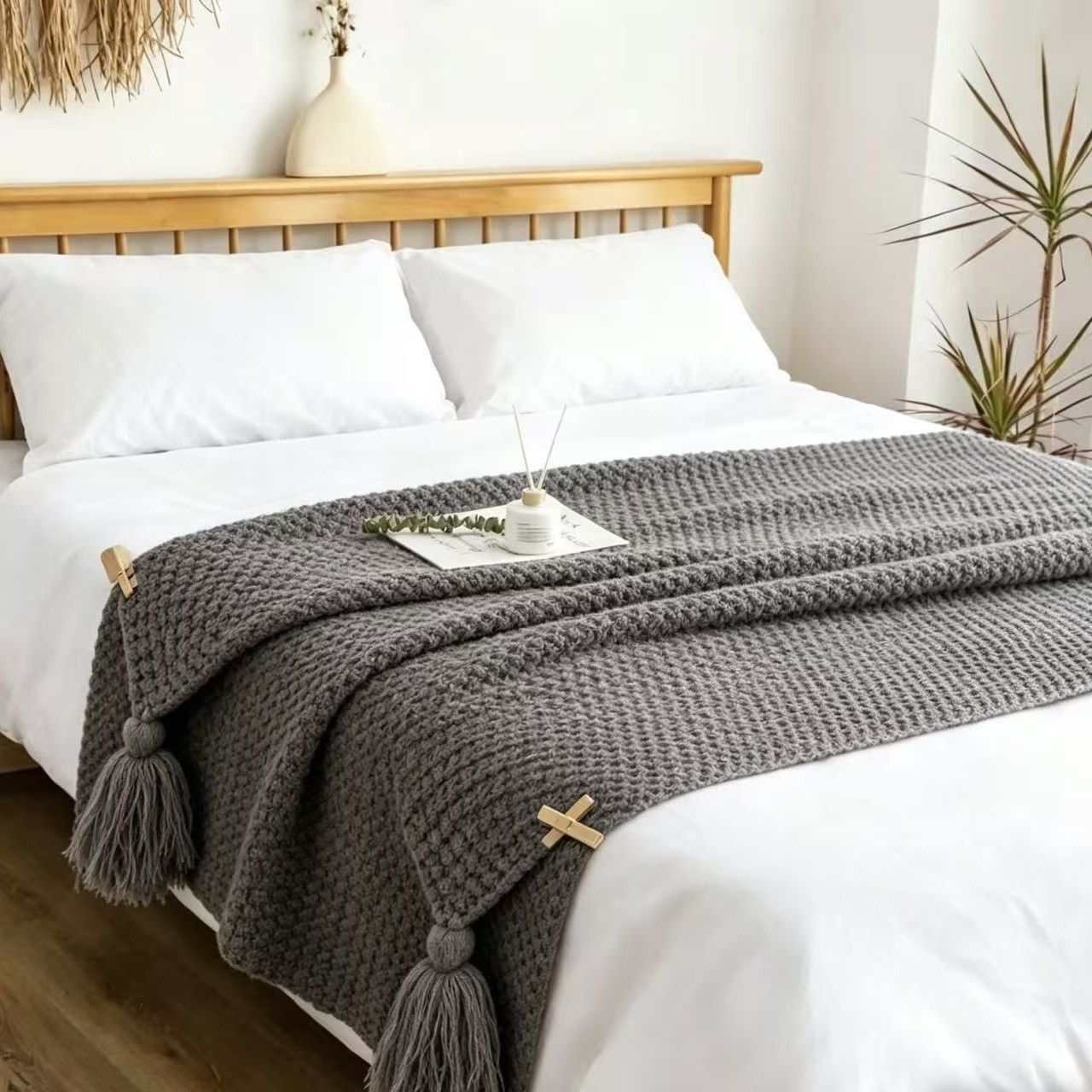 Grey 110*150cm Nordic Style Tassel Knit Throw Blanket - Soft Polyester Sofa Blanket with Pineapple Texture - Breathable & Lightweight for Office, Couch, Travel - Boho Chic Home Decor