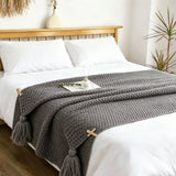 Grey 1130*170cm Nordic Style Tassel Knit Throw Blanket - Soft Polyester Sofa Blanket with Pineapple Texture - Breathable & Lightweight for Office, Couch, Travel - Boho Chic Home Decor
