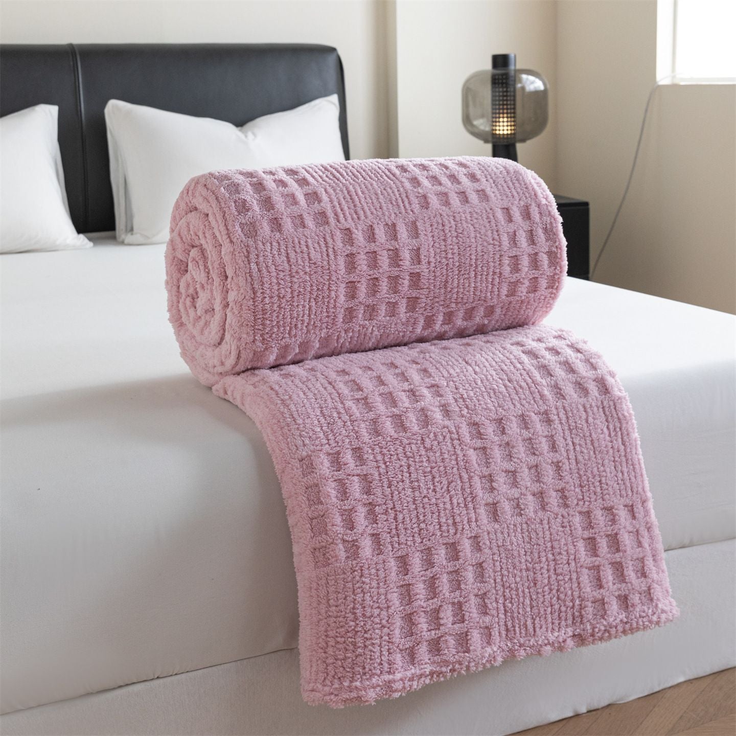 Pink 150*200cm Thickened Double-Sided Plush Waffle Weave Throw Blanket - Anti-Static Taffeta Velvet & Flannel Fleece - Warm, Soft, Non-Shedding Blanket for Winter, Sofa, Bed & Office